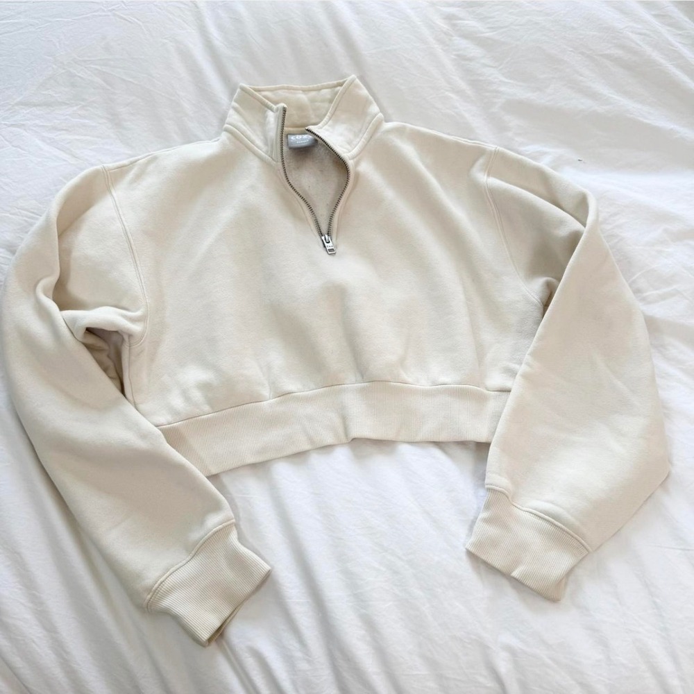 Aritzia TNA Cozy Fleece Cropped Half Zip Sweatshirt Cream Beige Small - Picture 2 of 6